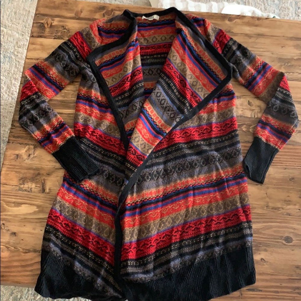 Boutique Sweater - black, red, blue, cream print